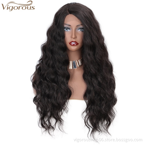 Vigorous Deep Wave Natural Black Wigs Part Side Synthetic Long Wavy Wigs Heat Resistant Fiber Synthetic Lace Front Wig